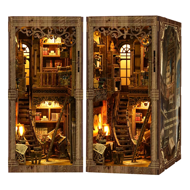 DIY Book Nook Kit 3D Wooden Puzzle Miniature Doll House Assembly Model Building Toy Bookends Bookshelf Insert Decor Xmas Gifts