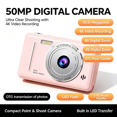 4k Digital Camera IPS HD 50MP CCD Camera 2.4" Autofocus Vlogging Student Camcorder 8X Dual Cam and LED Flash Video Photo Filming