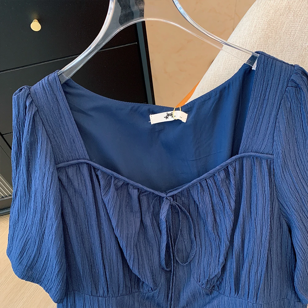 Plus Size Blue Pleated Short Sleeve Dress 2024 Summer New Simple Casual Loose Holiday Party Medium length dresses for woman