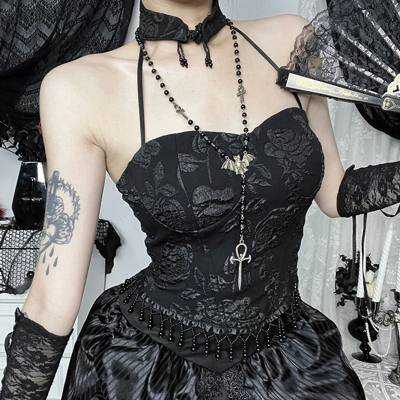 

Gothic Black Rose Jacquard Tassels Halter Corset Tops Vintage Neo-Chinese Style Backless Camisole Women New Fashion Camis Top