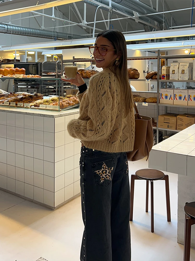 موضة ليوبارد ستار طباعة الجينز المرأة عالية الخصر سستة مستقيم الساق بنطال ذو قصة أرجل واسعة 2025 ربيع جديد أنثى ملابس الشارع الشهير غير رسمية