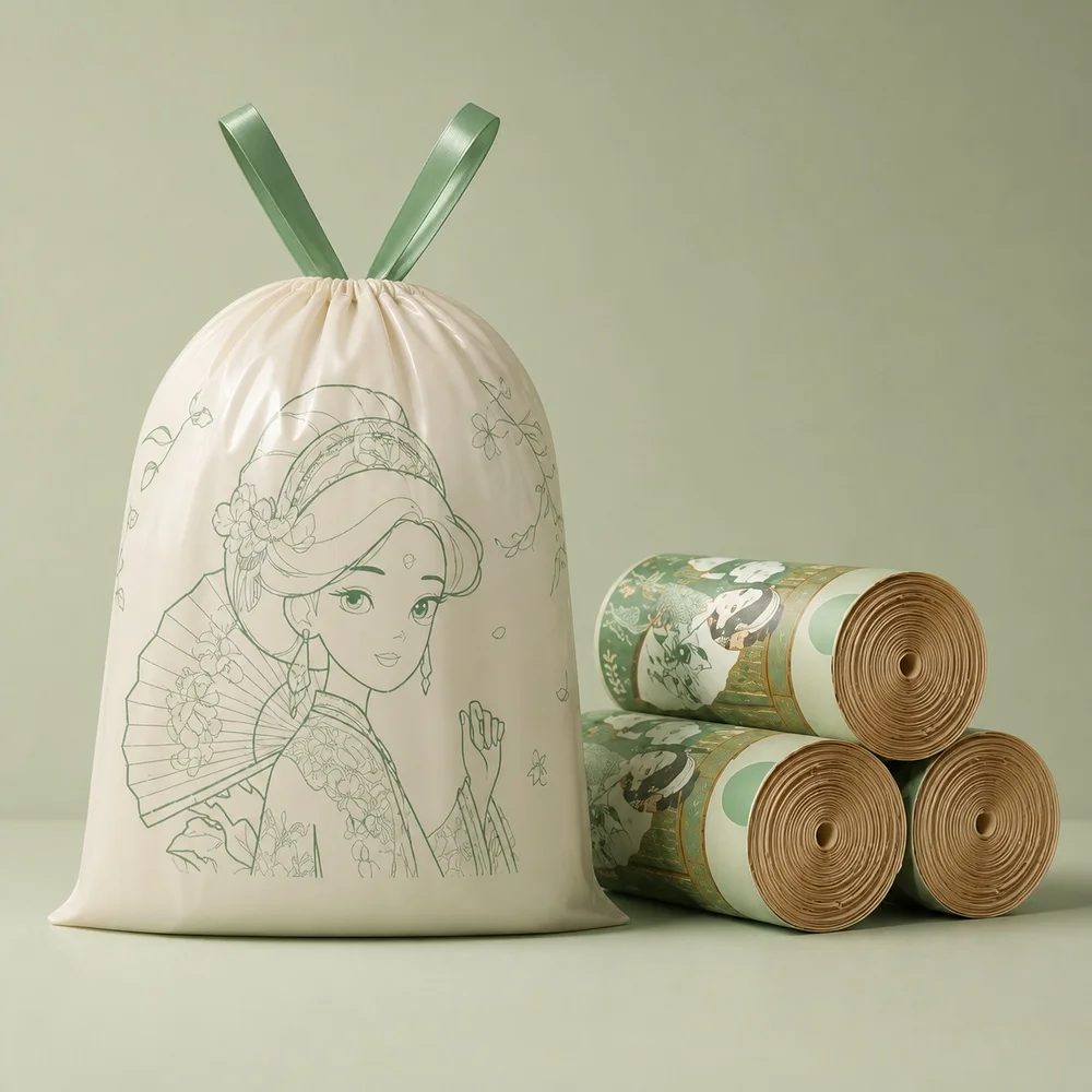 Trash Bags Green Printed Drawstring 3 Rolls 90 Bags for Home Kitchen Bathroom Office Waste Baskets Bin Liners for Daily Cleaning