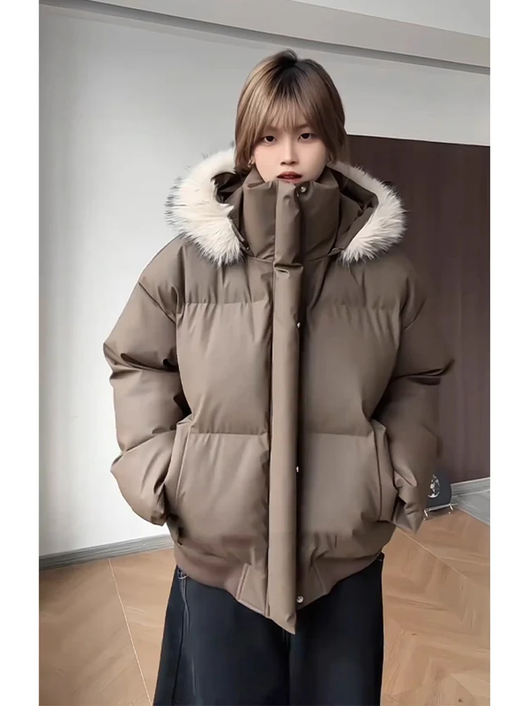 

Retro American Hooded Bomber Jaet Men's Winter Coat Fur Collar Couple's ort Cotton Clothes Warm Thiened Long Sve Zipper