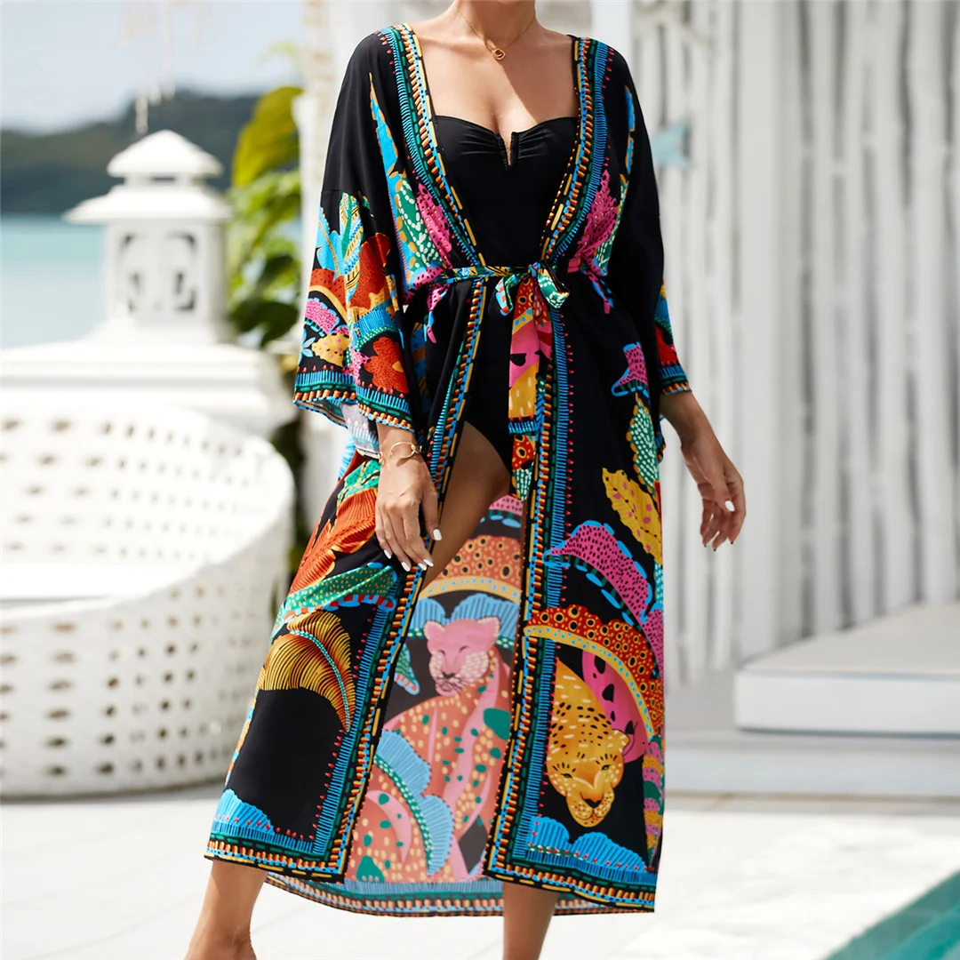 13 Farben, bedruckt, mit Gürtel, gehäkelte Tunika, Strandkleid, Strandmode, Strandbekleidung, Strandüberwurf, Damen, V7201 – Detail 6