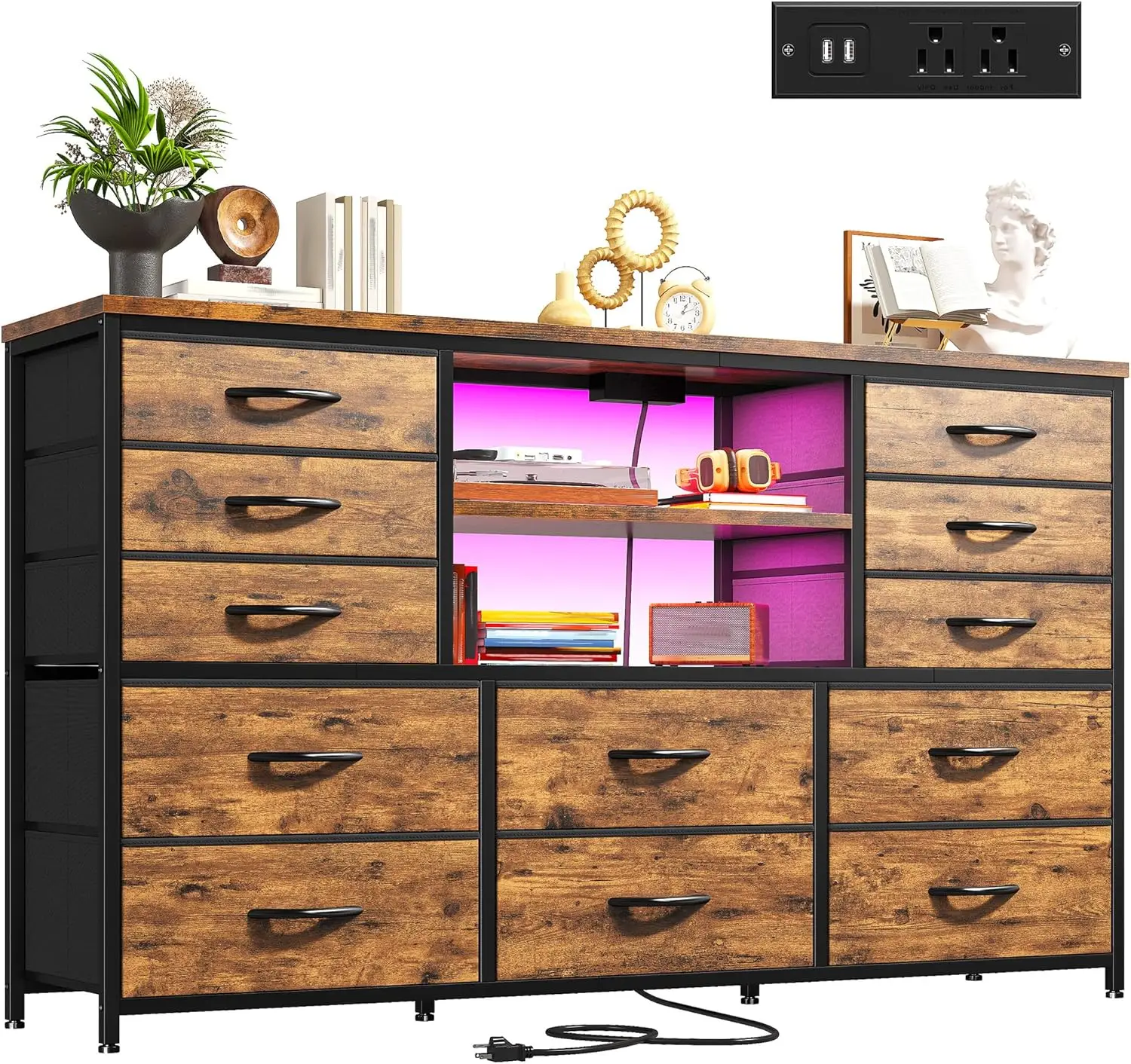 Dresser with LED Lights & Power Outlets, 12 Drawers Dresser TV Stand for 60''TV for Bedroom Dresser Fabric Dressers