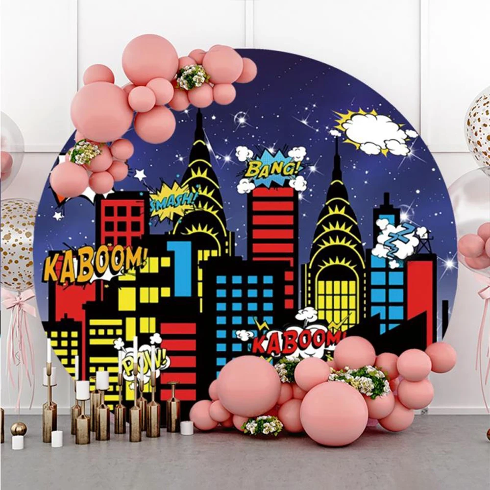 Superhero City Buildings Round Backdrop Cover Super Hero Baby Shower Kids Birthday Party Decor Circle Photography Background