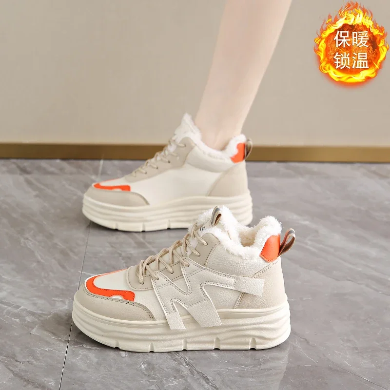 2025 الشتاء الدانتيل متابعة سميكة القاع أحذية فلكنيز امرأة بولي Leather الجلود الدفء أحذية رياضية السيدات منصة بيضاء أحذية رياضية نسائية #1