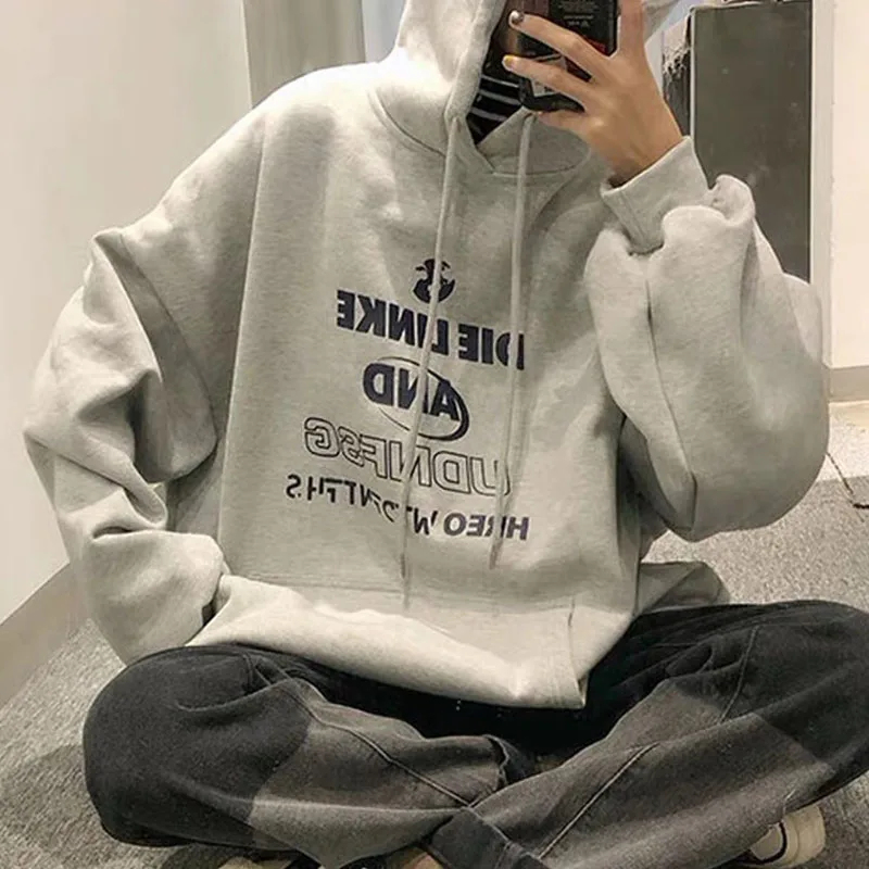 Korean Autumn Winter Letter Print Hooded Sweatshirt for Women Loose Casual Warm Street Pullover Sweatshirt Women Clothes Unisex