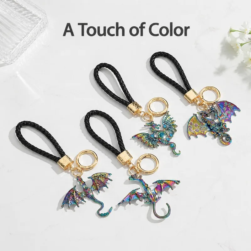 Colorful Fantasy Dragon Keychain Braided Rope Metal Key Ring Cool Animal Pendant for Car Key Bag Backpack Charm Accessory