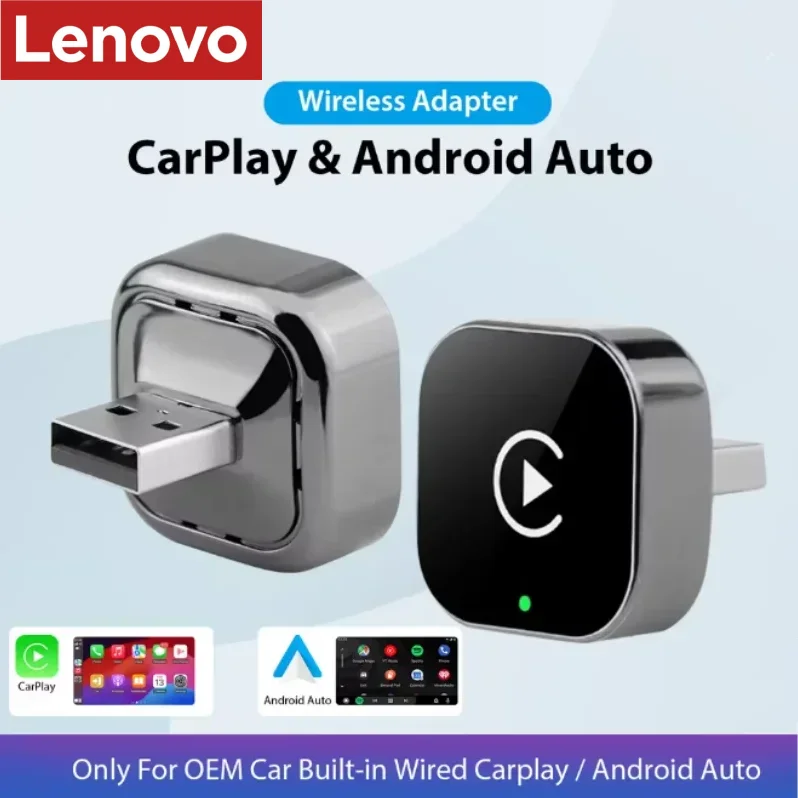 Lenovo 2026 New 2 in 1 Wireless CarPlay Adapter&Android Auto Wireless Adapter, 5Ghz WiFi Type-C/USB Plug Play CarPlay Wireless