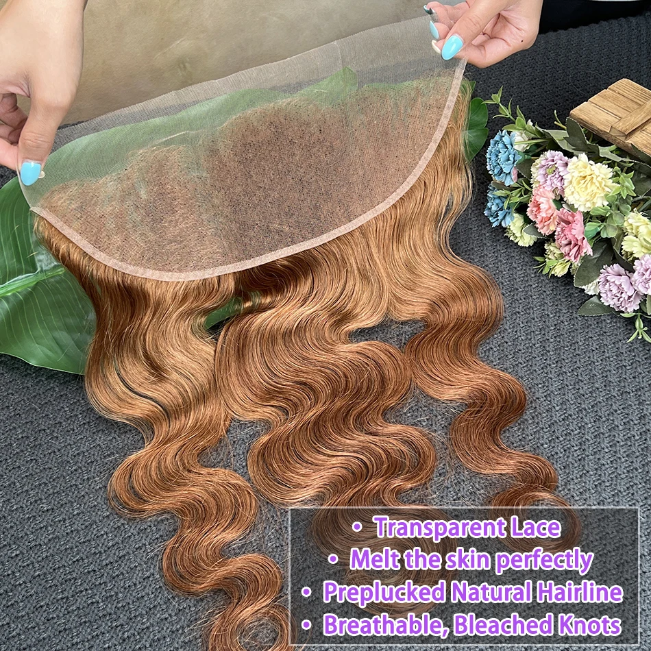 #30 Color 13x4 Transparent Lace Frontal Body Wave Human Hair Preplucked Bleached Knots Invisible Lace 100% Virgin Human Hair