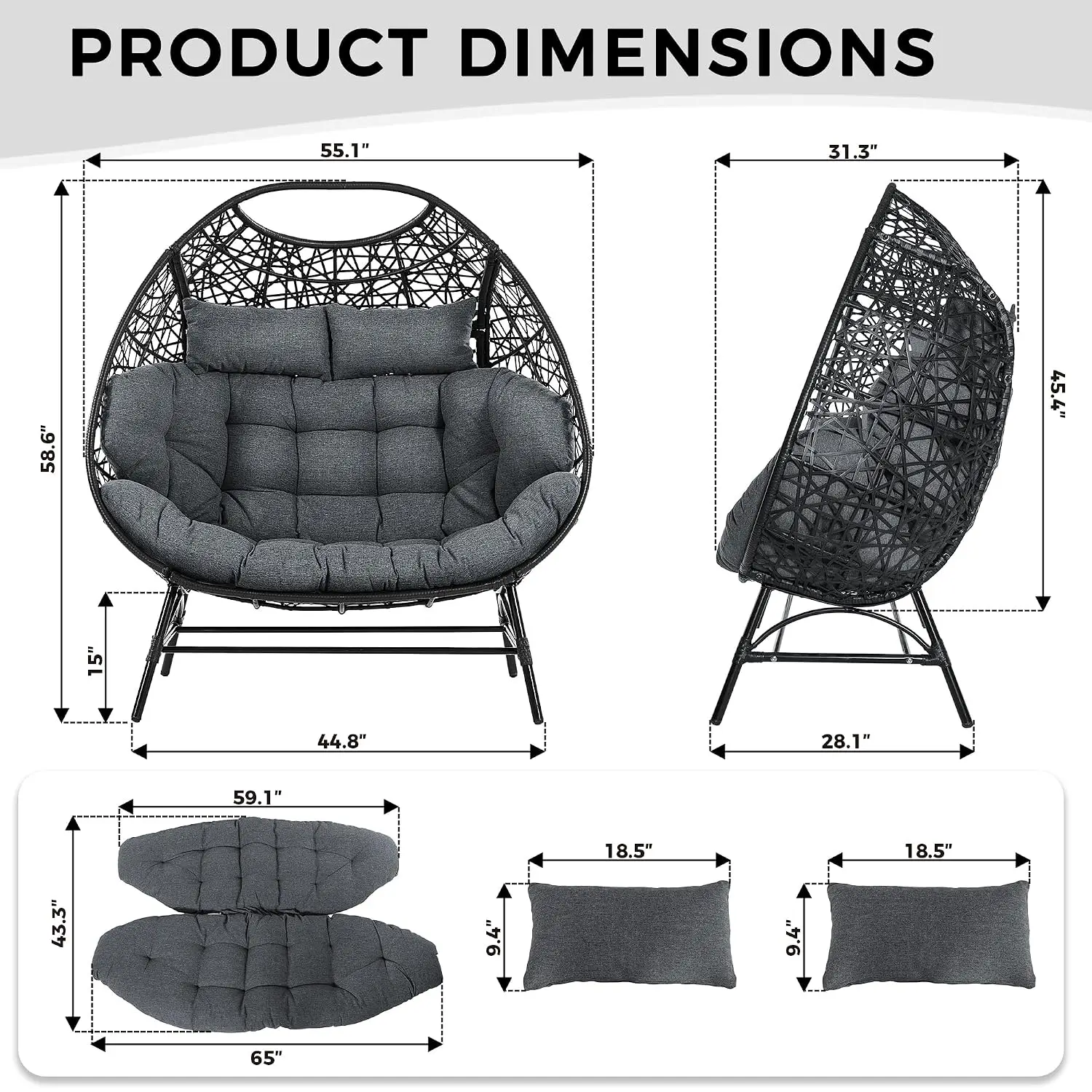 Double Egg Chair With Padded Cushions & Headrests, 700 Lbs 2 Person Loveseat For Garden Porch Balcony Patio, Customized