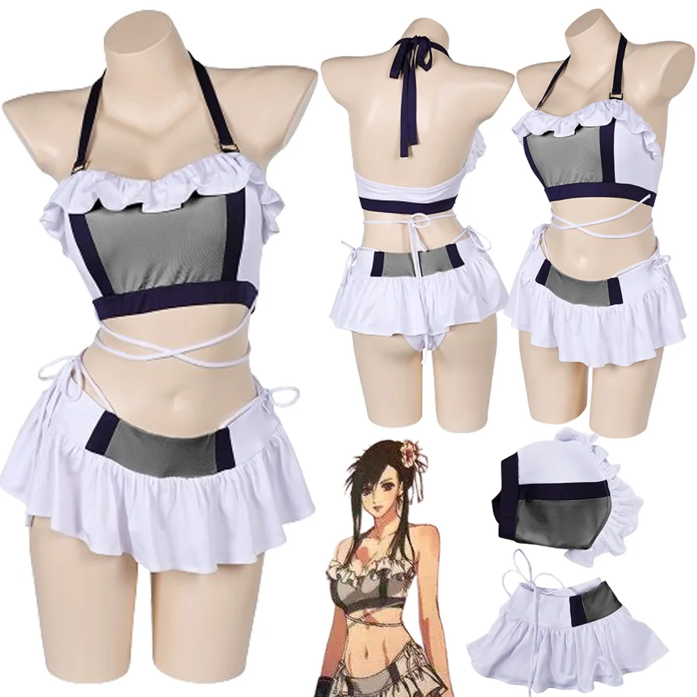 

Tifa Cosplay Sexy Swimwear Costume Women Bikini Skirt Anime Game Final Cos Fantasy VII Summer Beach Swimsuits Halloween Suit