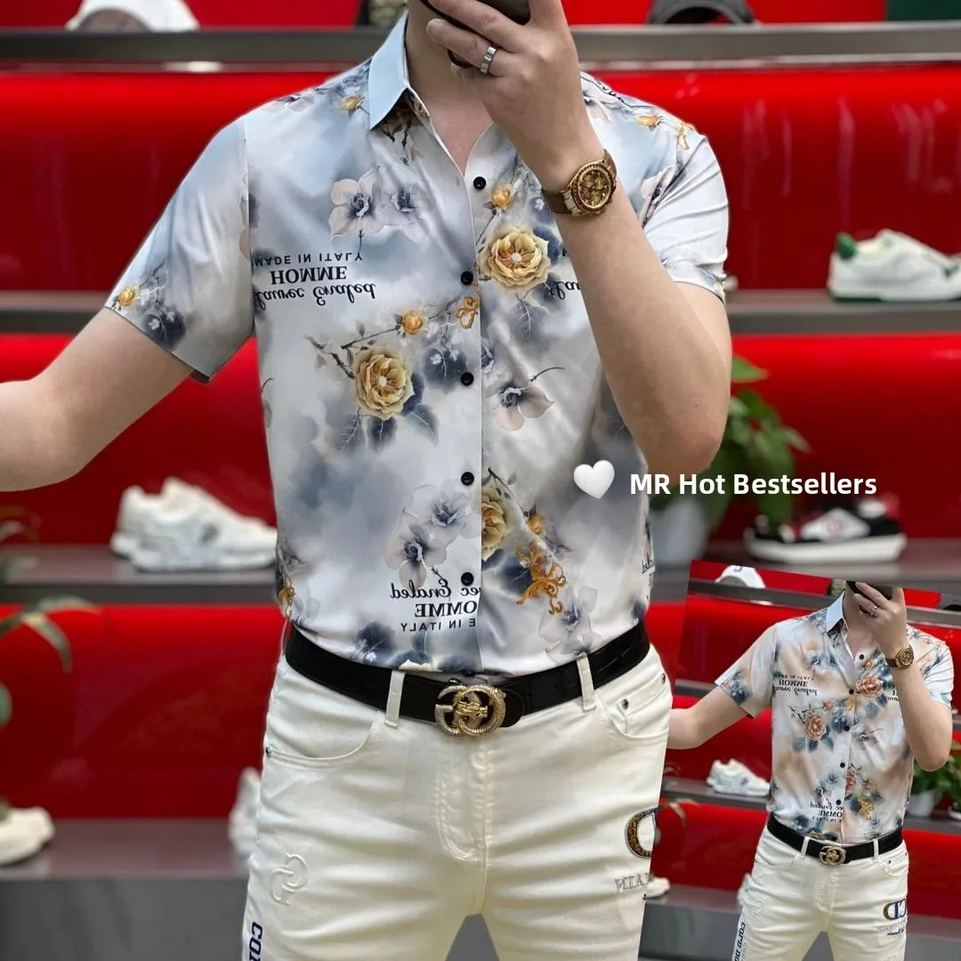 

Elastic ort Sve Men's irt Rose 25 Sles Summer Comfortable Slim Fit No Ironing Required Breathable Polyester Fiber