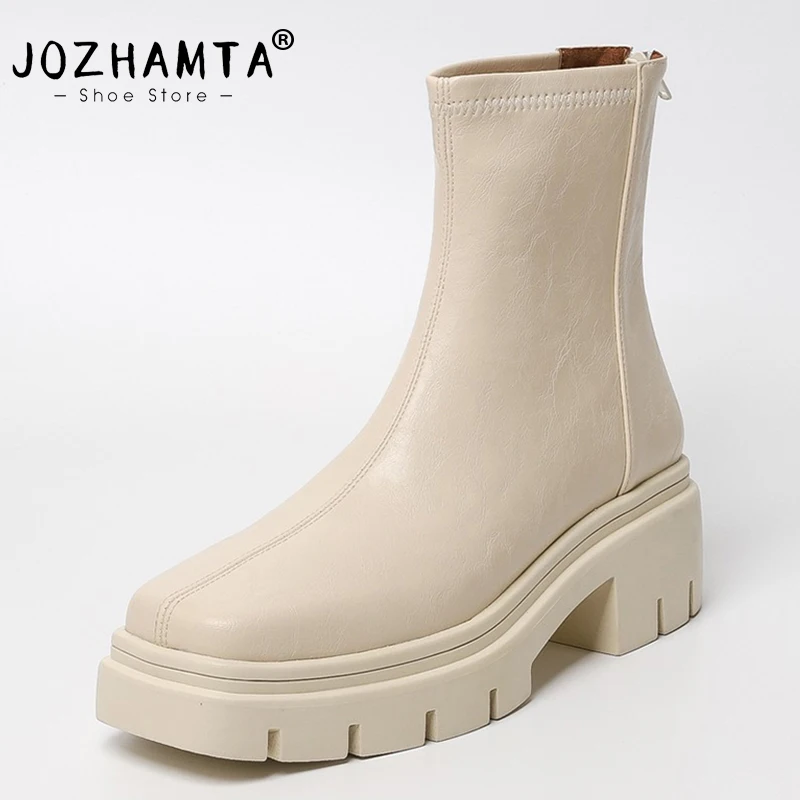 JOZHAMTA Size 33-40 Women Elastic Boots Leather Square Toe Vintage Thick Heels Ankle Boots Platform Shoes Woman Winter Booties