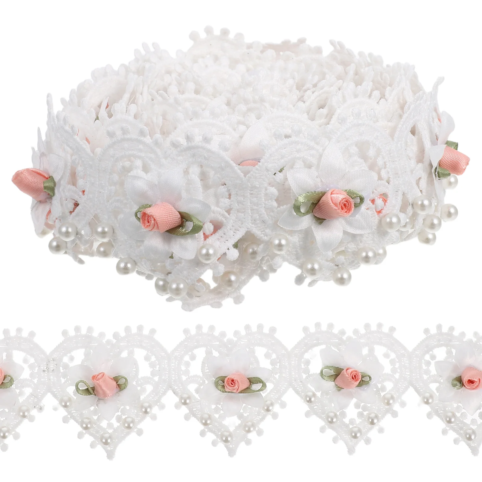 

3 Yards Heart Pearl Lace Ribbon Embroidered Applique Vintage Embroidery Flower Trim Beaded for Sewing Ribbons Bride