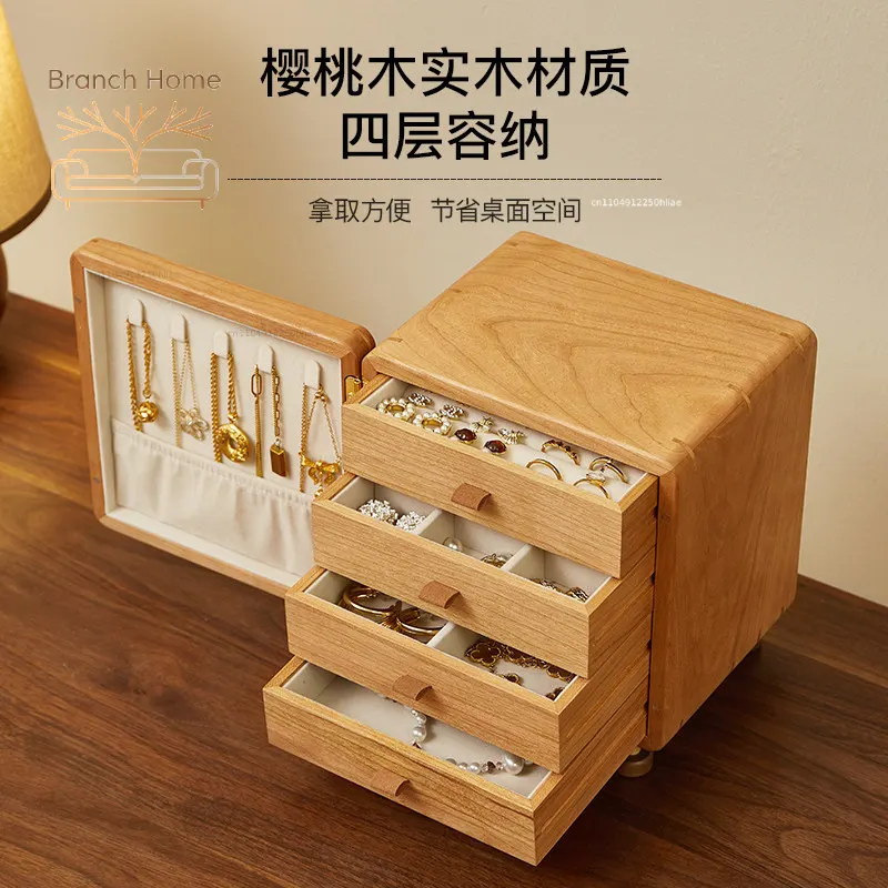 Solid wood creative jewelry box hand-polished high-end exquisite jewelry jewelry necklace large-capacity multi-layer storage box