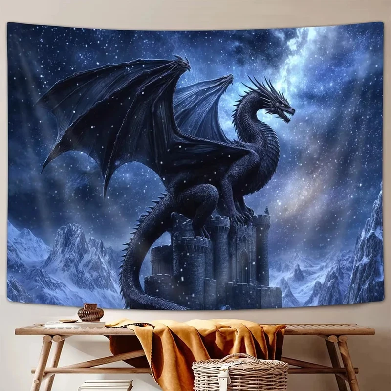 VIKAMA Fantasy-Drachen-Wandteppich, schwarzer Drache auf mittelalterlichem Schloss mit verschneiten Bergen, Wandbehang, Hintergrundtuch für Zuhause