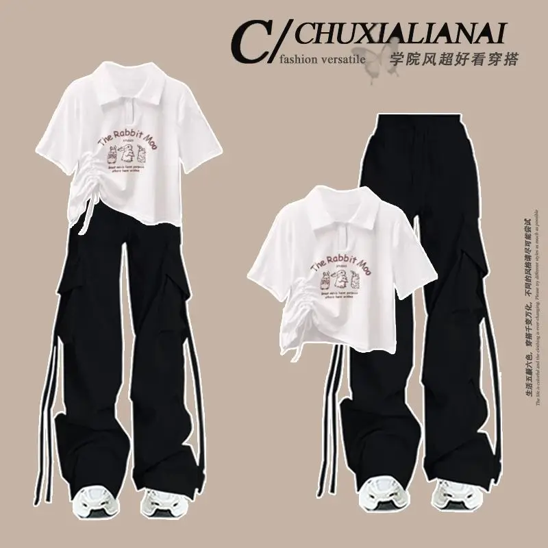 Fashion Women's Suit New Printed Loose Casual Top with Drawstring Workwear High Waist Loose Wide Leg Pants Two-piece Set