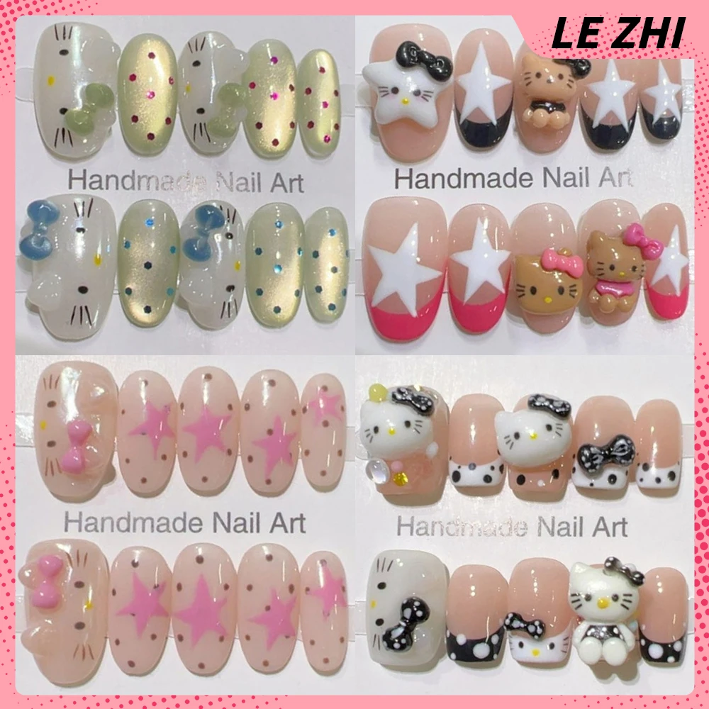

10Pcs Kawaii Hello Kitty Handmade Short Square Ellipse Press On Nails Cat Eyes Polka Point Five-Pointed Star Bowknot Fake Nails