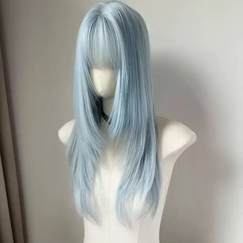 Ash Blue Long Straight Wig Blunt Bangs High Layered Cut Lolita Y2K Punk Style Synthetic Hair Wig Cosplay Daily with Wig Cap