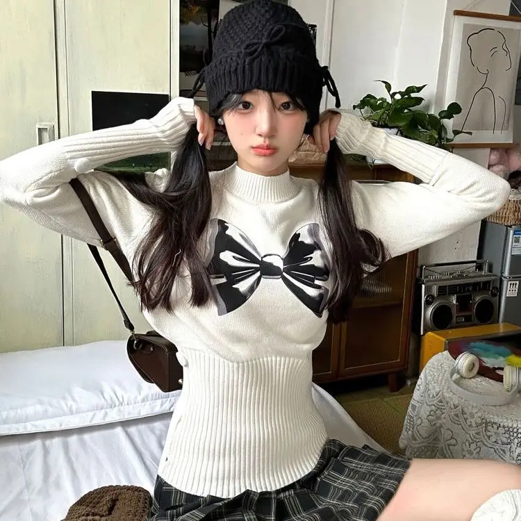 

Retro Pullover Women In Autumn Winter Sweet Girly Slim-Fitting Top With Bow Design Knitted Skin-Friendly Fashion Streetwear