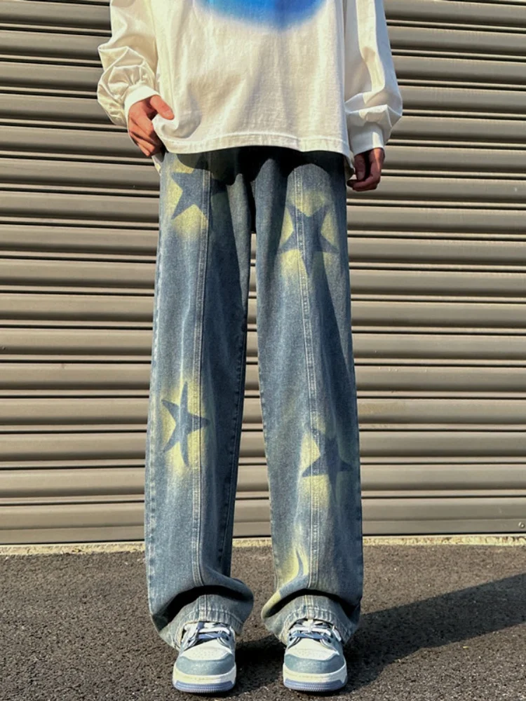 

Loose Straight Leg Men's Jeans fiti Stars American High Street Sle Trousers Autumn Faion Wide Leg Pants Youth Wear