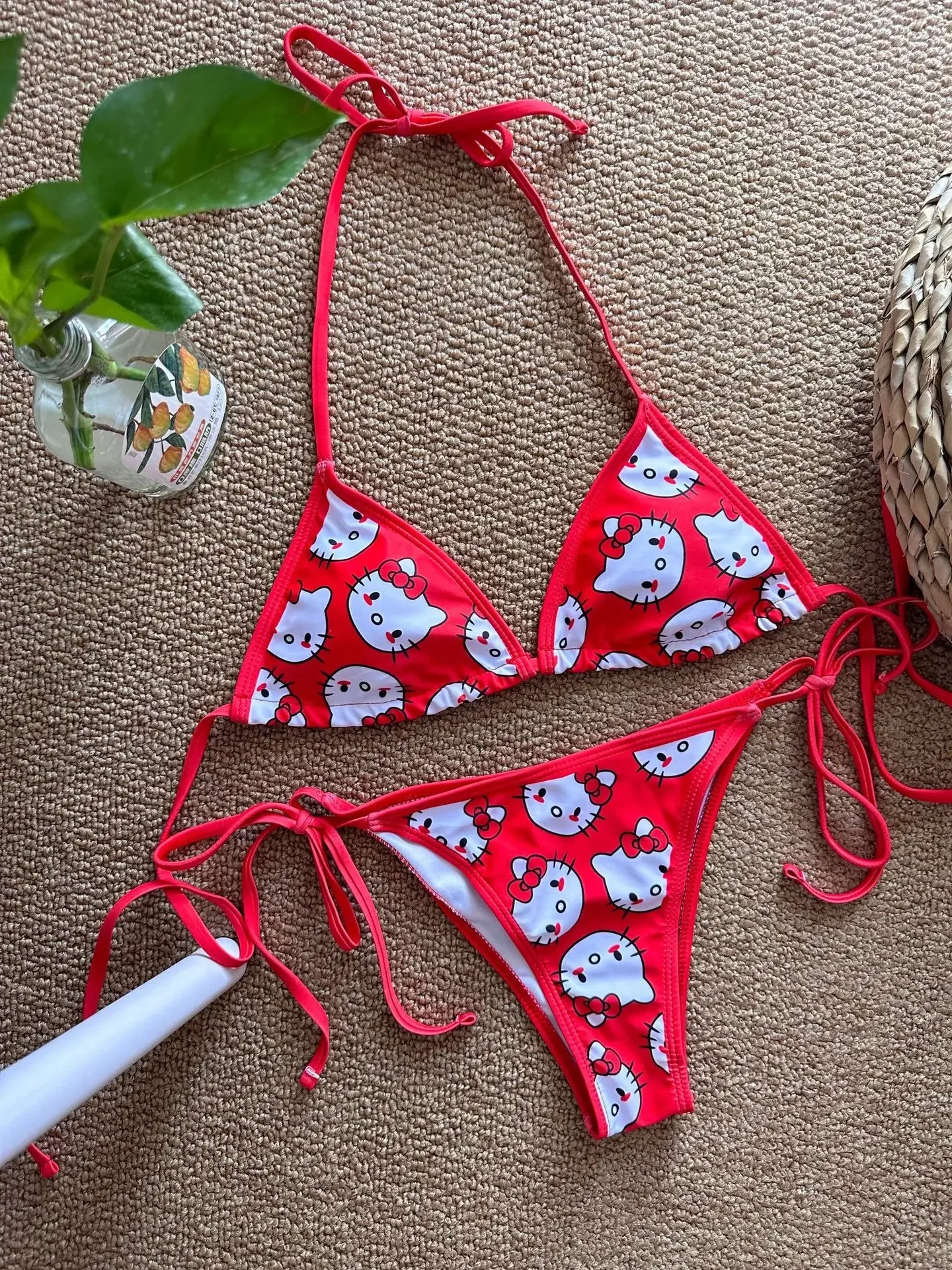 2Pcs HelloKitty Sanrio Bikini Set Cute Cartoon Y2K Summer Beach Soft Side Strappy Panties Sexy Bikini Kawaii Swimsuit Girl Gift