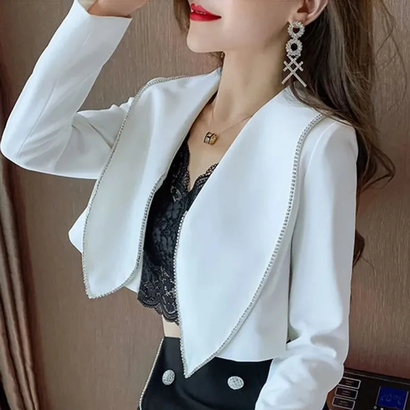 

Lucyever Rhinestones Big Turndown Collar Suit Coat Women Fashion Slim Temperament Short Blazers Korean Wild Long Sleeve Blazer