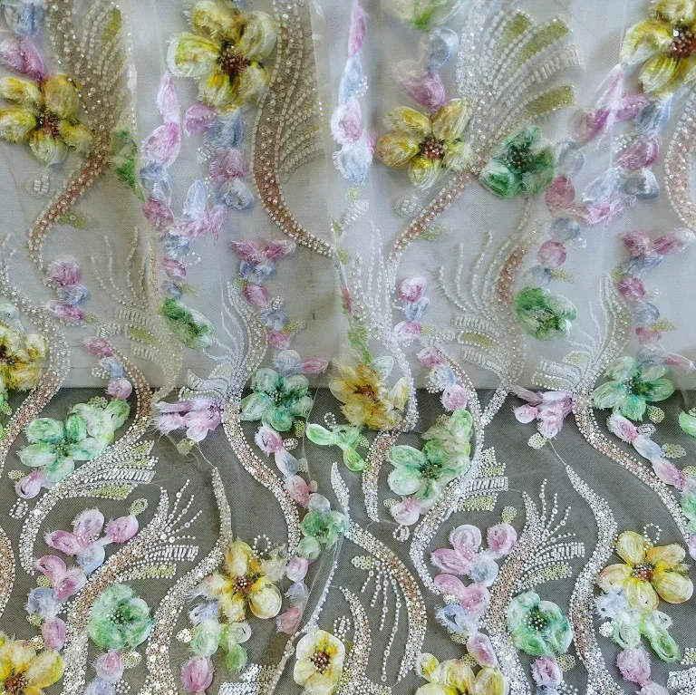 

Colorful 3D flower sequin bead embroidery mesh fabric, sequin embroidered fabric for wedding women's clothing sewing fabric