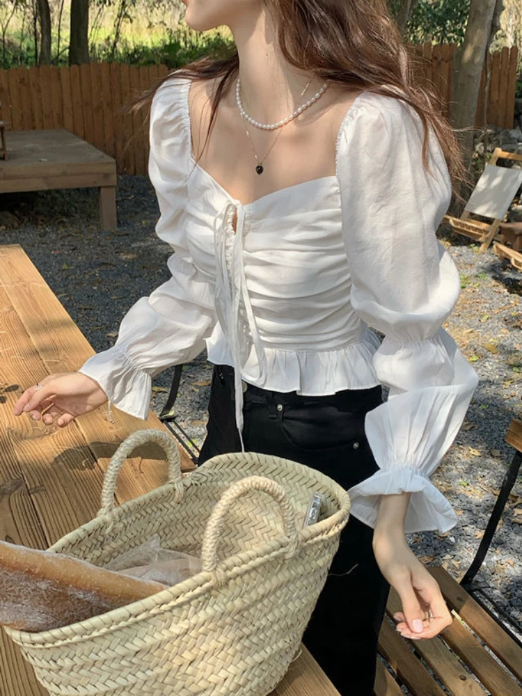 Blouses Women Sweet Solid Folds Thin Square Collar Flare Sleeve Slim Students Casual Summer Korean Style Popular Tender Tops Fit