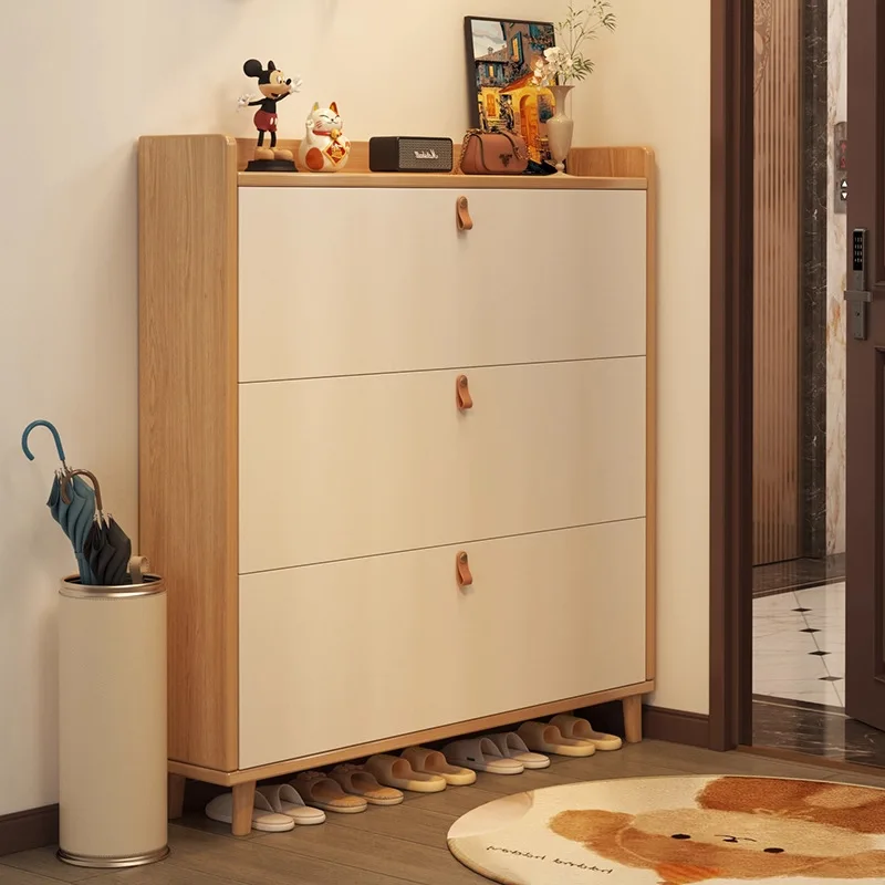 

Ultra-thin tipping bucket shoe cabinet household door storage cabinet integrated against the wall solid wood