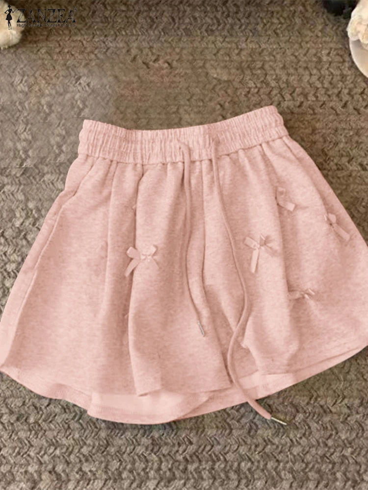 

Korean Sweety Short Pant ZANZEA Fashion Bowtie Stitching Shorts Holiday Wide Leg Elastic Waisted Pantalon Sporty Solid Bottoms