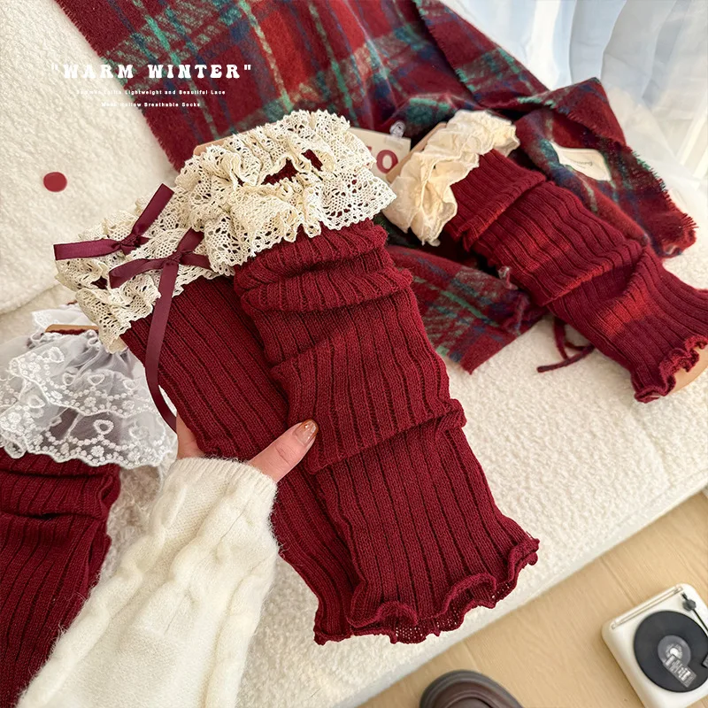 Women's Autumn Winter Red Leg Warmer Lolita Lace Frilly Heap Sock JK Knitted Foot Cover Arm Warmer Christmas New Year Boot Cuffs