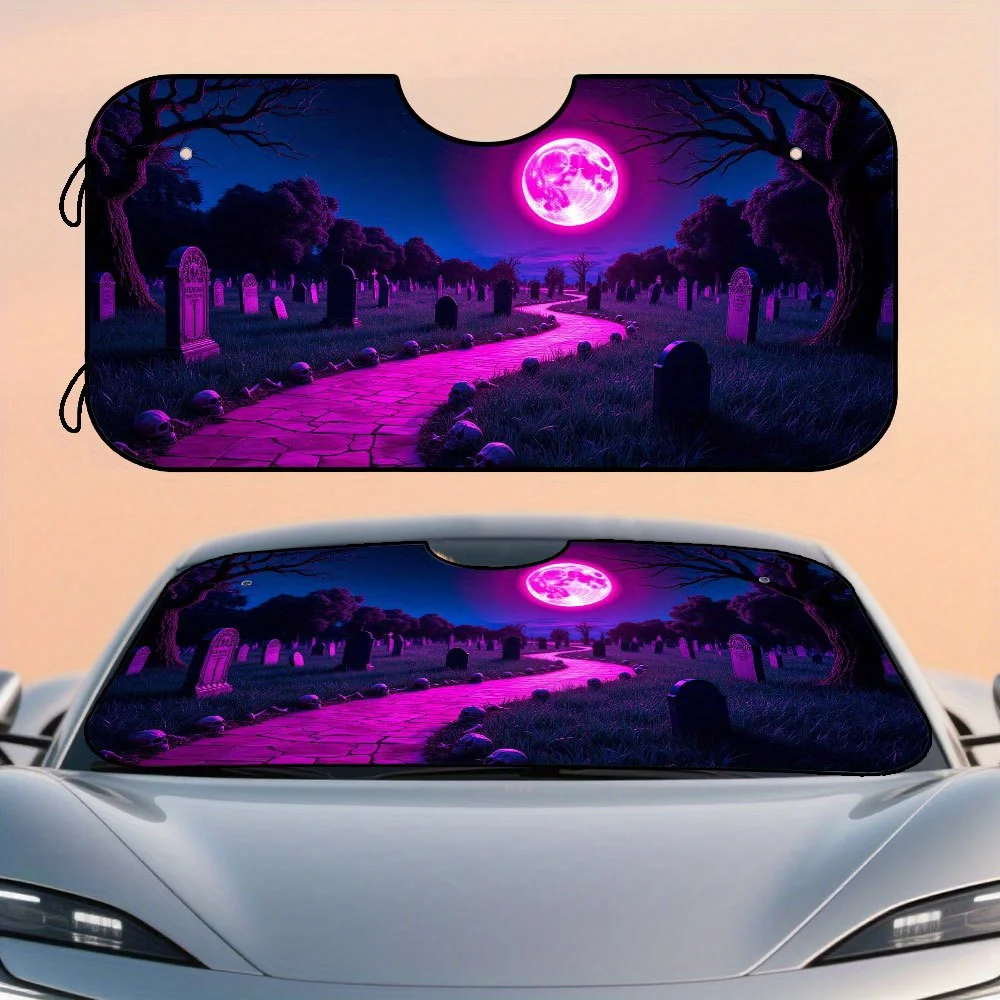 1pc, Foldable Halloween Car Windshield Visor Featuring Halloween Pink Moon Gothic Cemetery Skulls Art Design, A Perfect Seasonal