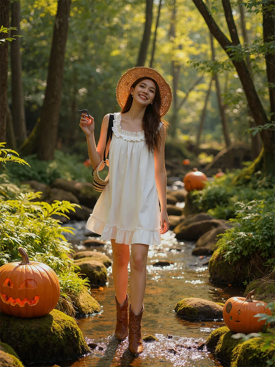 Women's Elegant White Evening Dress Loose Mini Pleated Floral Design Temperament Square Neck Round-Neck All-Match Peplum Shiny