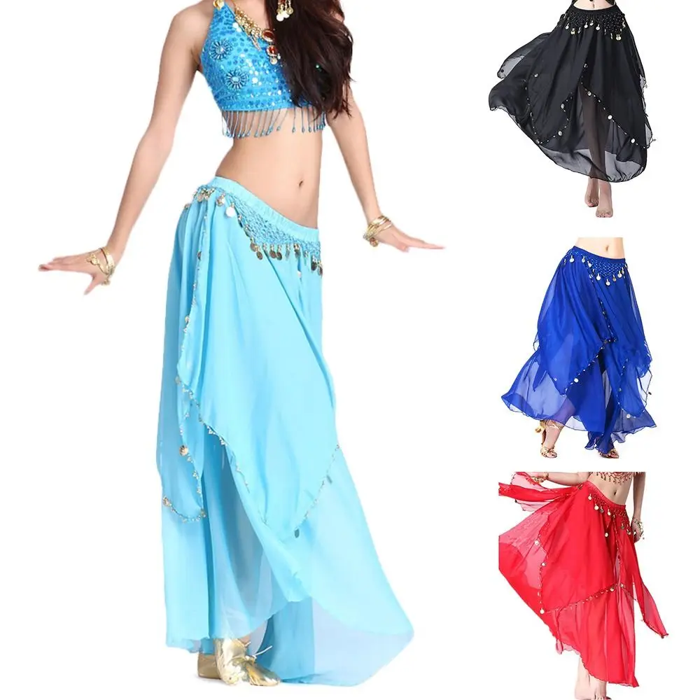 Belly Dancing Skirt Women Chiffon Spanish Skirt Shiny Sequins Tassels Dancing Skirt Show Costumes Belly Dance Accessories