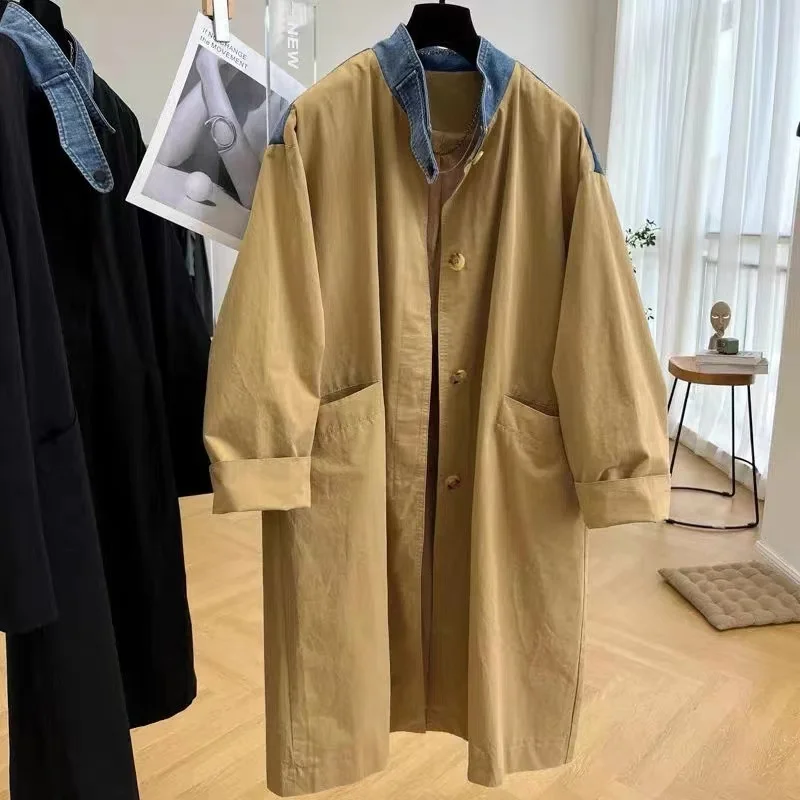 SuperAen Denim Stitching Collar Long Windbreaker Coat Women 2023 Autumn New Loose Casual Long Coat