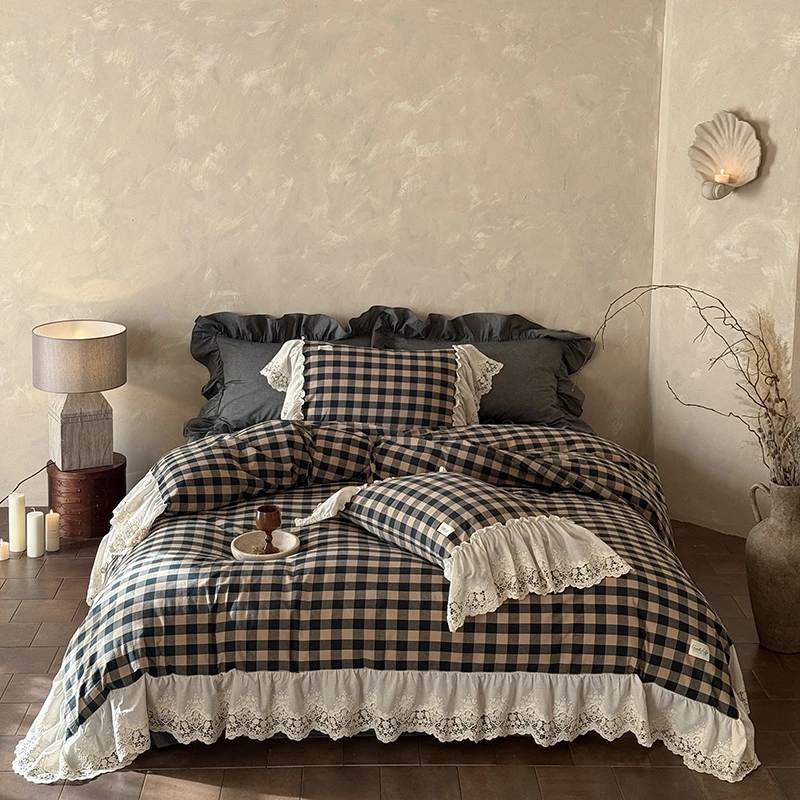 

lace ruffles bedding set,full queen king classic vintage plaid cotton home textile bed sheet pillow case duvet cover set 4pcs