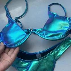 Bikini triangular con Tanga holográfica, traje de baño Sexy de color morado con realce, estilo brasileño, 2023