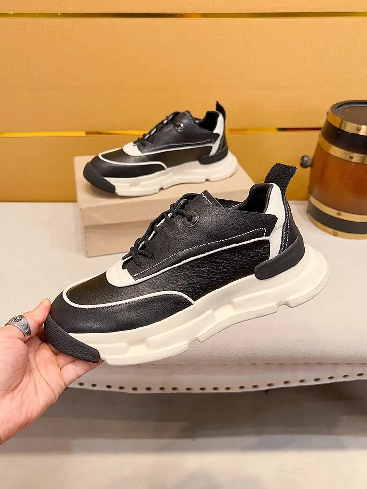 Mens Retro Genuine Leather Versatile Thick Platform Height Increase Lace Up Sneakers Sport Running Jogging Outdoor Fitness