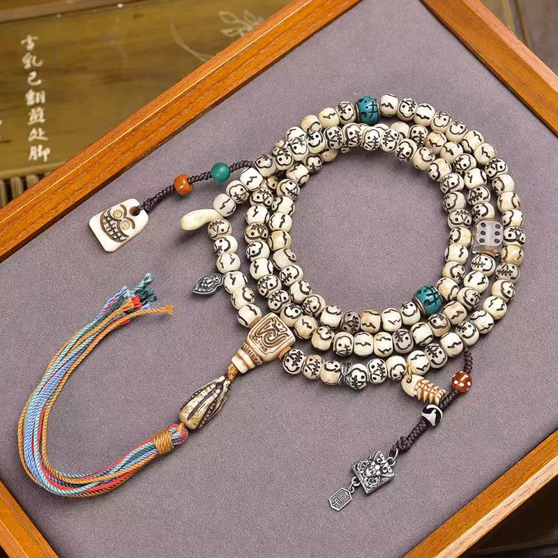 

Tibetan-Style Reclaimed Bone Carving: 108-Bead Buddhist Prayer Bead Necklace with Yak Bone and Copper Clasp