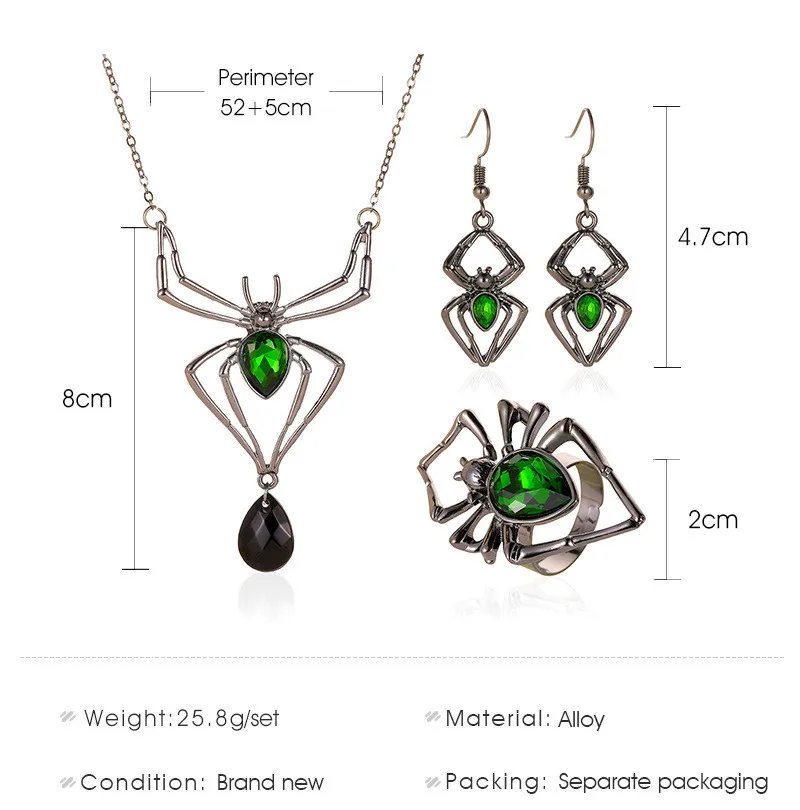 Halloween Jewelry: Exaggerated Personality, Three Piece Set, Spider Necklace, Earrings, Rings, Novel Jewelry, Suitable for Women