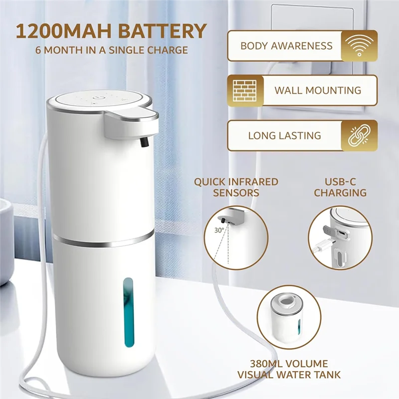 Automatische schuimende zeepdispenser Badkamer Slimme handwasmachine met USB Oplaadbaar Wit ABS Plastic Hoge kwaliteit-[2025]