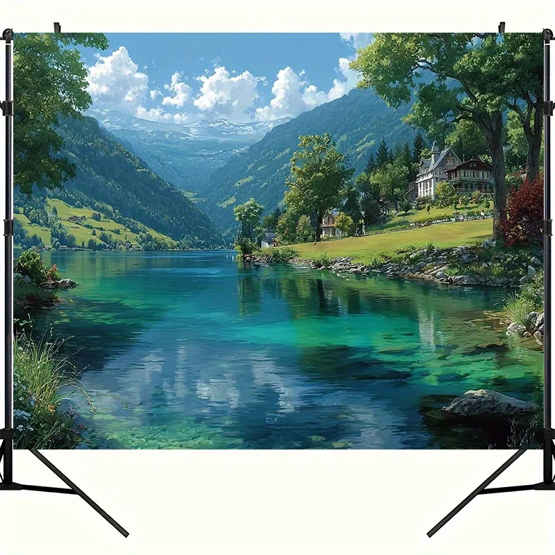 Mountain River Landscape Tapestry Turquoise Lake Snowy Peaks Green Forests Living Room Bedroom Office Nature Decor