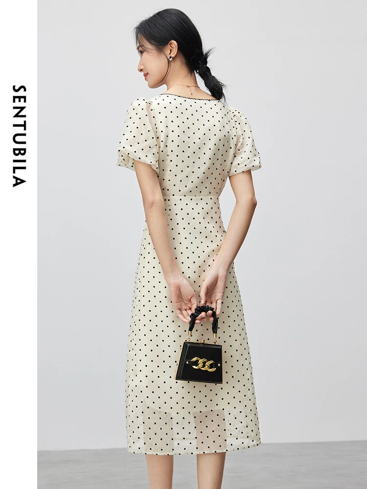 SENTUBILA Women Flocking Polka Dot Summer Dresses Female 2024 Vintage Square Collar Split Midi Dress Woman Clothes 142L55044