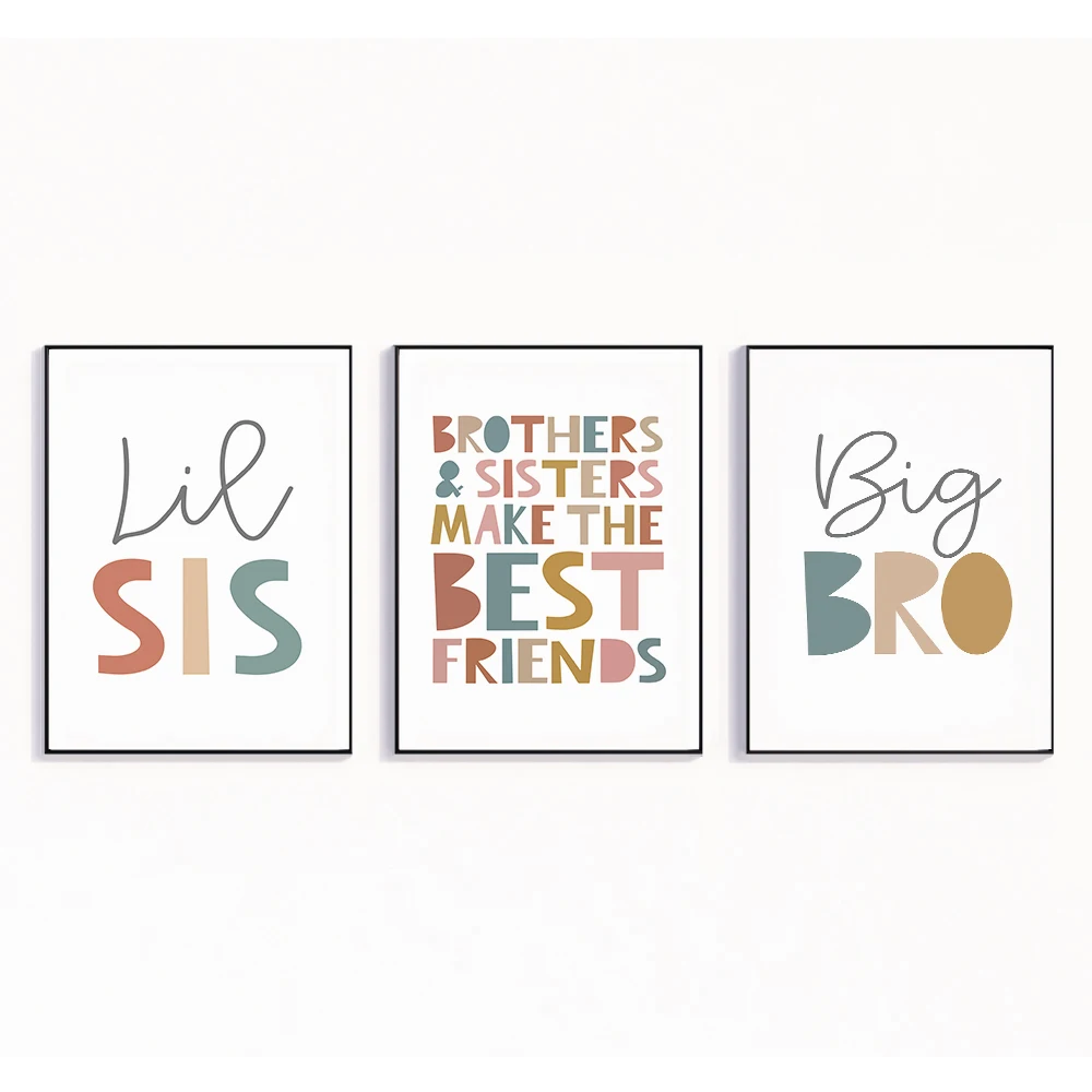 3pcs/Set Cute Child Big Bro Lit Sis Quotes Nursery Wall Art Frame Canvas Painting Posters For Kids Boy Girl Play Room Home Decor