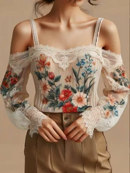 Blusa elegante fora do ombro para mulheres, pulôveres, top de renda, padrão de planta floral, camisa de ombro frio, Lady Tees, verão