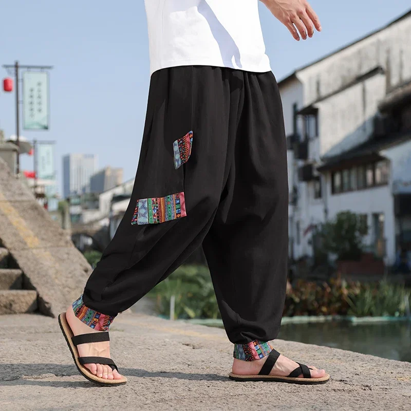 2024 Chinese Style Men's Retro Wide Leg Pants Loose Plus Size Trendy High Street Fashion Cotton and Linen Pants Hombre Leggings