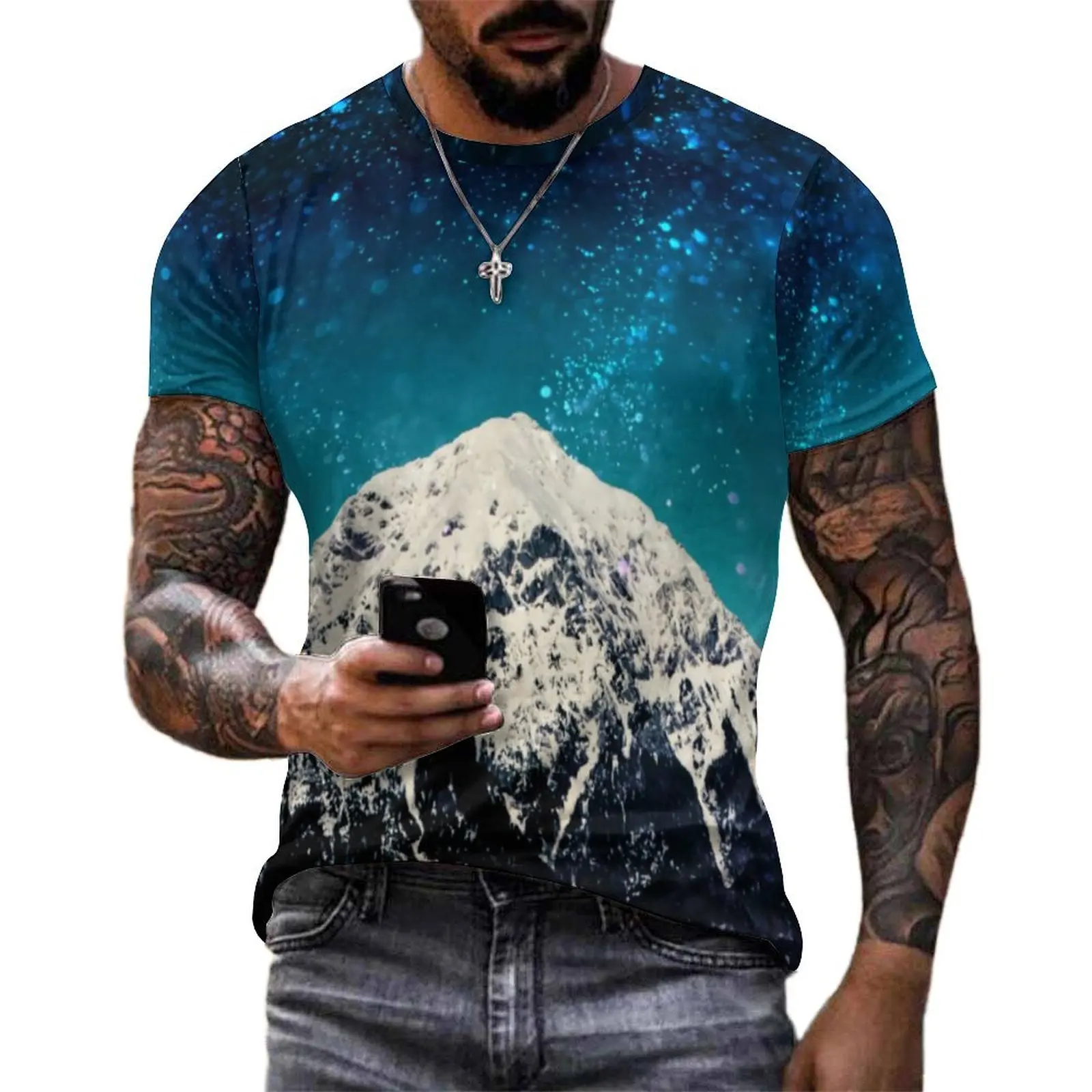 Summer T-Shirt Dreamy Starry T Shirts Galaxy Mountain Y2K Fun Fashion Tee Shirt For Men Short Sleeve Custom Oversized Clothes